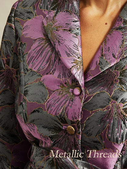 3/4 Sleeve Floral Jacquard Blouse with Tie Waist